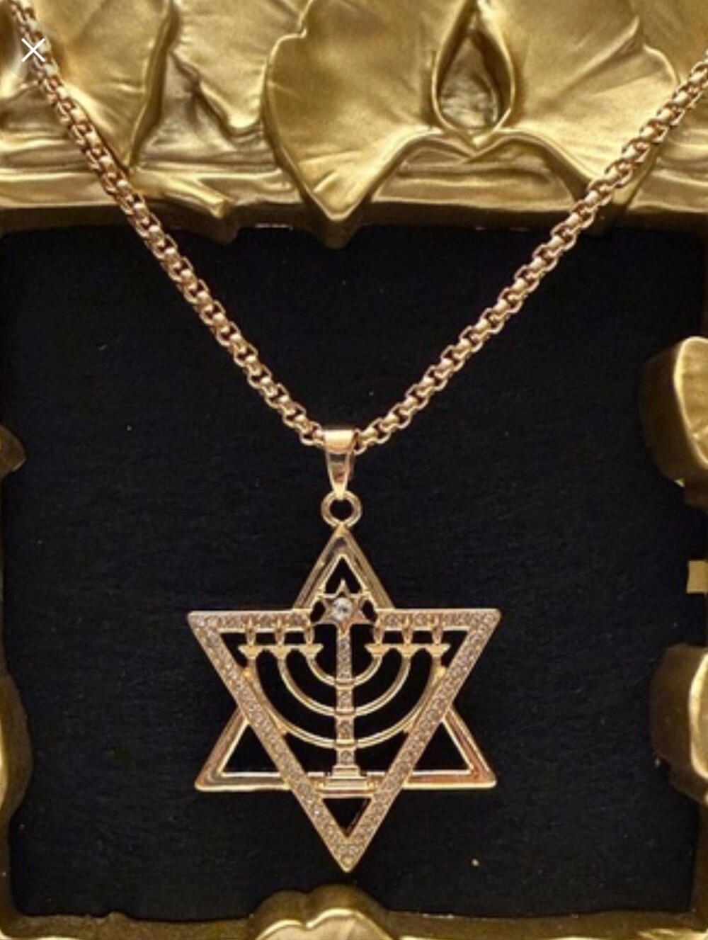 Gold Star of David Menorah 24”Pendant Necklace With CZ Accent